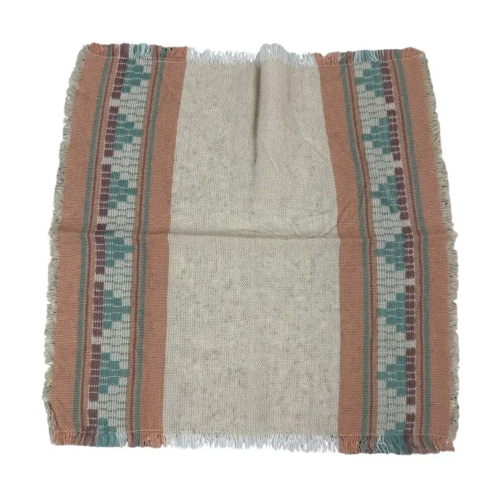 Tablecloth Napkin Set 84”x57” Aztec Striped Peach Aqua Mid Century Fringe